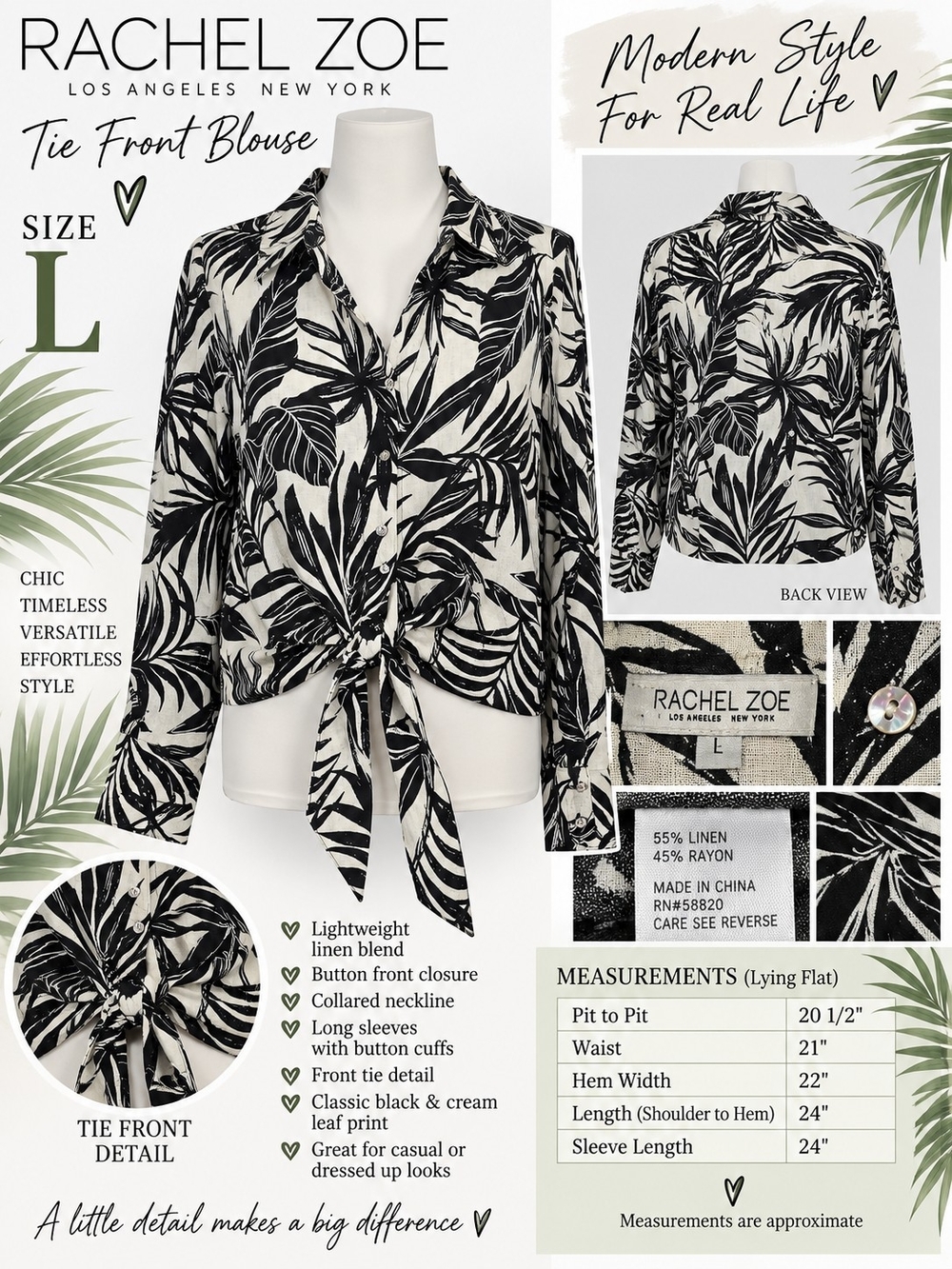 RACHEL ZOE Size L Black & Cream Tropical Leaf Print Tie-Front Blouse 🌿